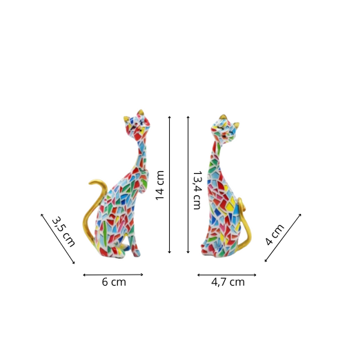 mozaiekstijl katten beeldjes set 2 stuks 14 cm vrolijk gekleurd met gouden oortjes en staart