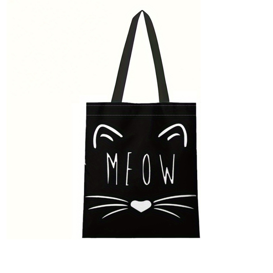 Zwarte tote bag met witte kattensnoet en tekst: MEOW