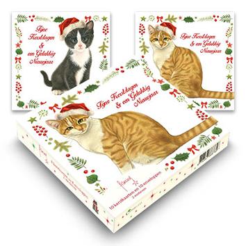 Katten kerstkaarten 10 stuks | Kitten & kat met kerstmuts