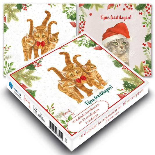 Katten kerstkaarten 10 stuks | Kat met kerstmuts – kat met strikje