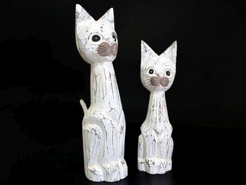 Katten beeld hout 37x10cm Antique White