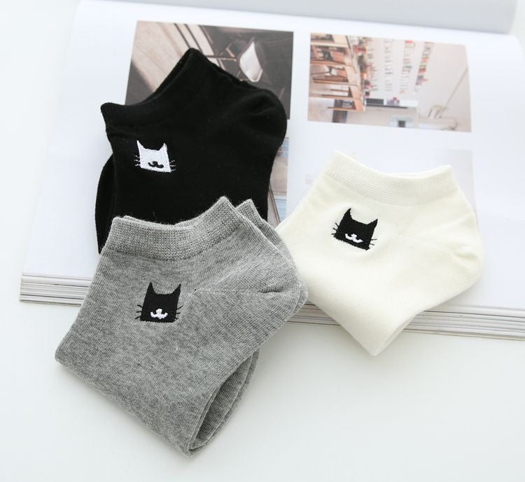 Sneakersokken wit met zwarte kattenkop