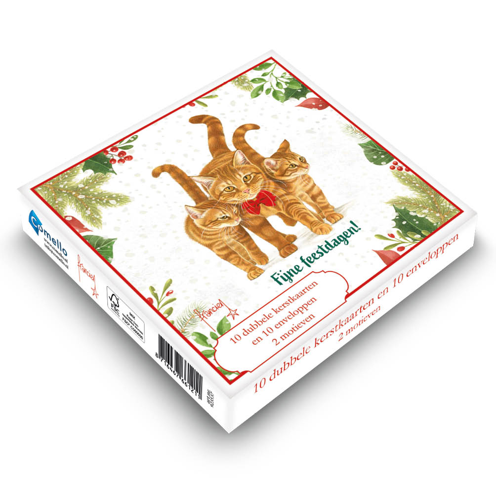 Katten kerstkaarten 10 stuks | Kat met kerstmuts – kat met strikje