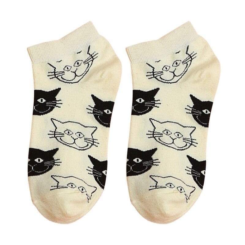 Katten sneakersokken | Wit met zwarte kattenkoppen