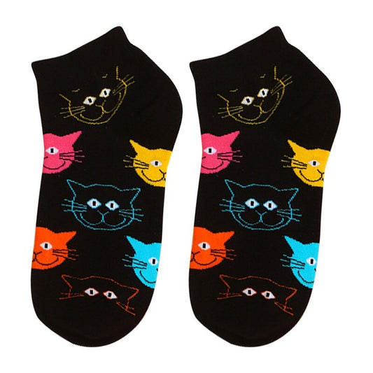 Katten sneakersokken | Zwart met gekleurde kattenkoppen