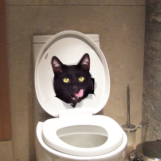Leuke zwarte kat met tong uit zijn bek sticker voor toiletbril, koelkast, container, muren etc. 3D effect maakt het echt.