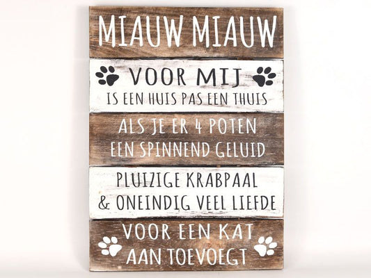 Houten tekstbord "Miauw Miauw" 40x30cm