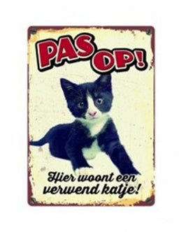 The Happy Cat Shop | Katten waakbord blik "Hier woont een verwend katje" 21x15CM