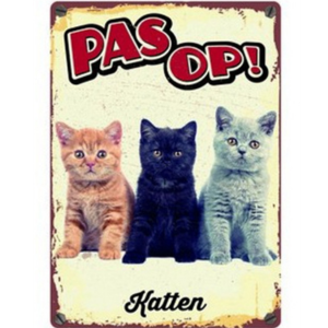 The Happy Cat Shop | Katten waakbord blik "PAS OP! KATTEN" 21X15 cm
