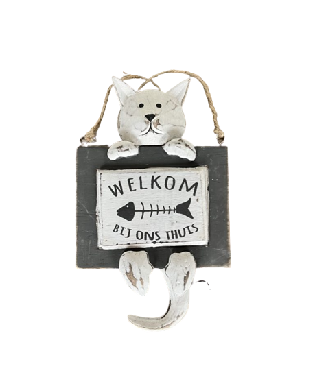 The Happy Cat Shop | Katten welkomstbordje hout 20x12 cm “Welkom bij ons thuis”
