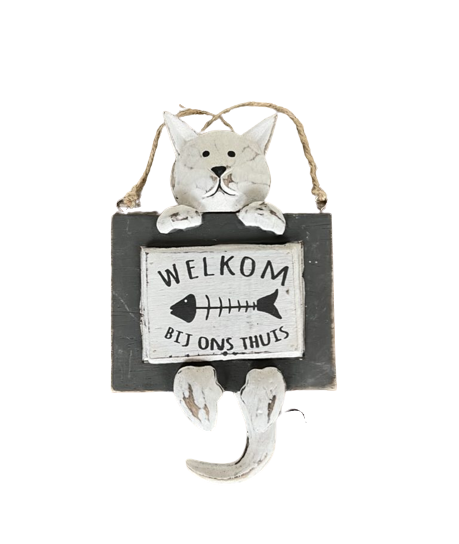 Katten welkomstbordje hout 20x12 cm “Welkom bij ons thuis”