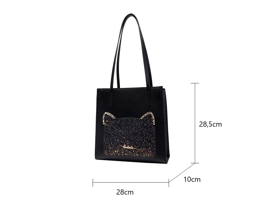 Handtas / schoudertas kattenkop "Magic glitter" | Zwart