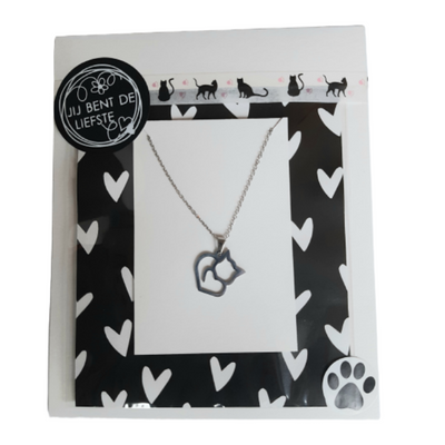 Cadeaukaart zwart-wit met katten ketting "I love my cat"