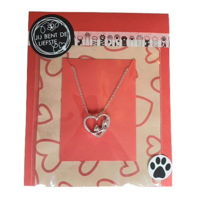 Cadeaukaart rood met katten ketting "Strekkende kat in hart"