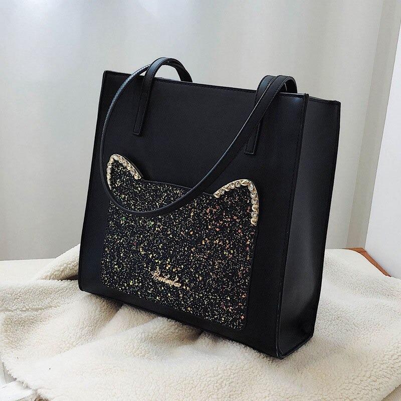 katten schoudertas zwart met glitter kattenkop