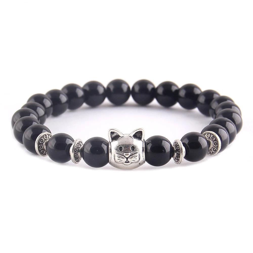 Kralen armband met kattenkop van natuurlijke kralen in zwart glans