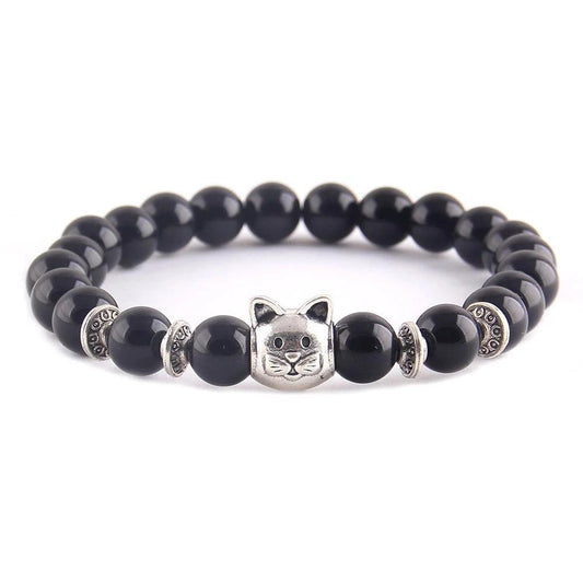 Kralen armband met kattenkop van natuurlijke kralen in zwart glans