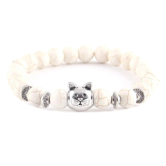 Kralen armband met kattenkop van natuurlijke kralen in créme wit